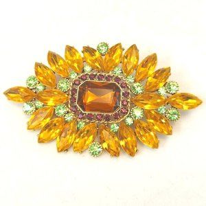 vtg Statement Brooch Austrian Cut Crystals Rhinestones Rectangular ambar gold